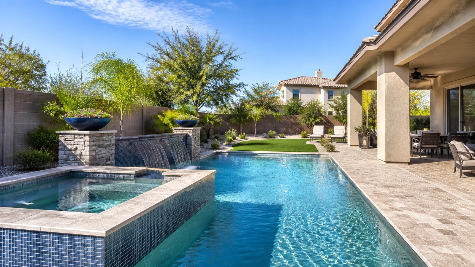 Gilbert pool with green landscaping and an open property deck