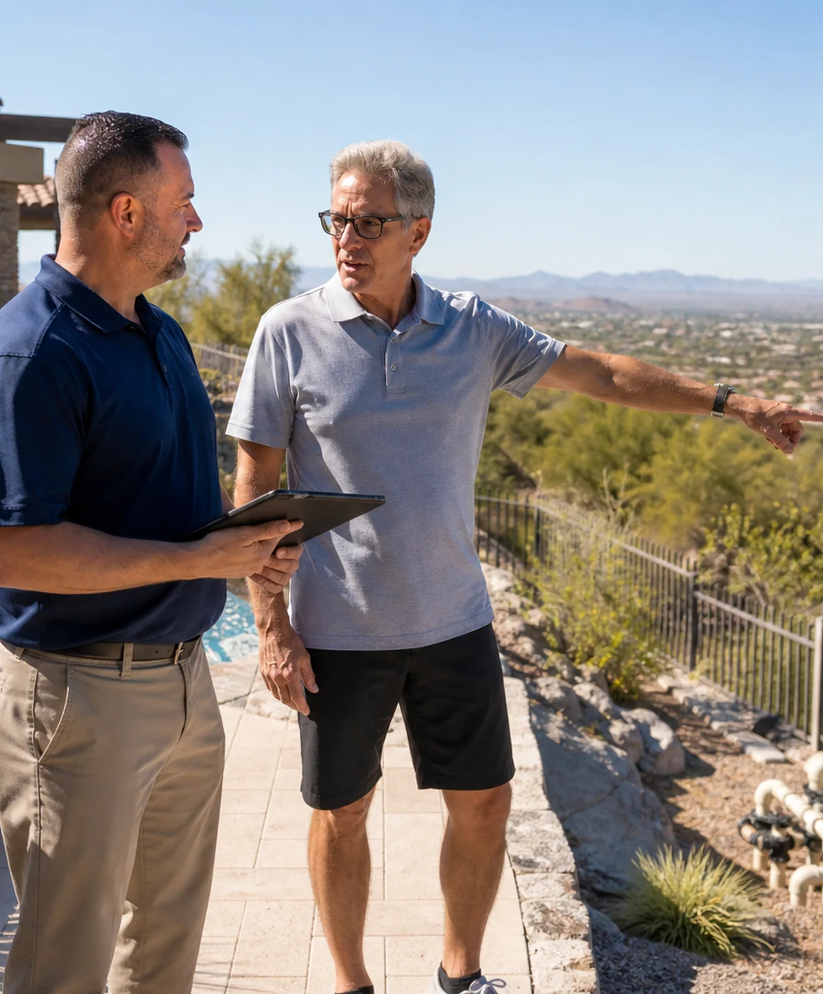 Pool professional reviewing service needs with a Fountain Hills customer