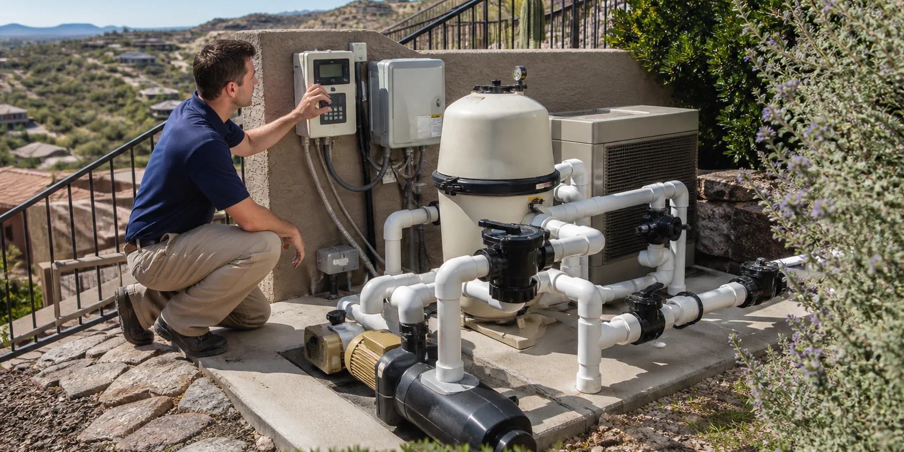 Licensed pool professional inspecting equipment at a Fountain Hills property