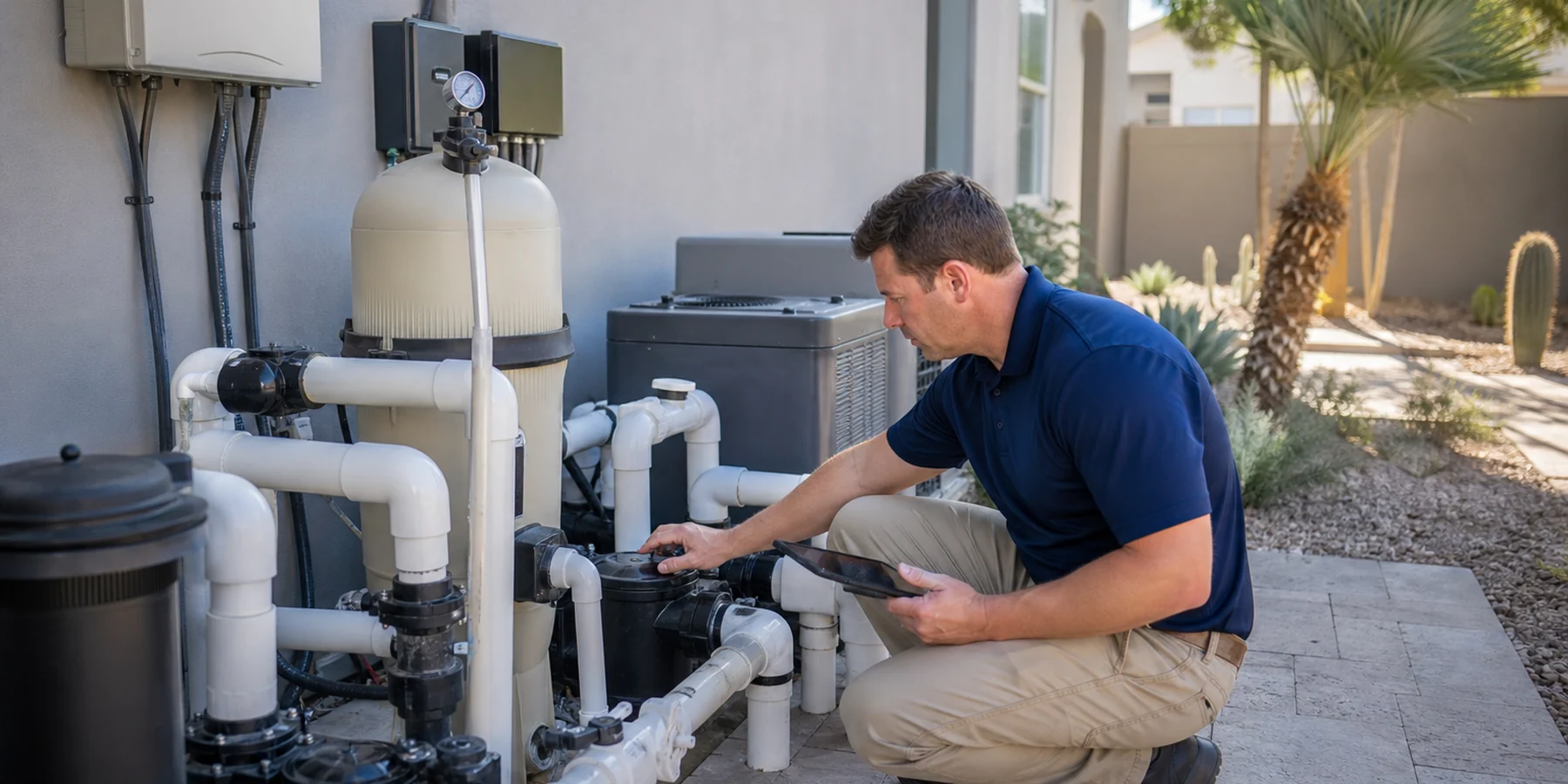 Licensed pool professional inspecting modern equipment at a Scottsdale property.