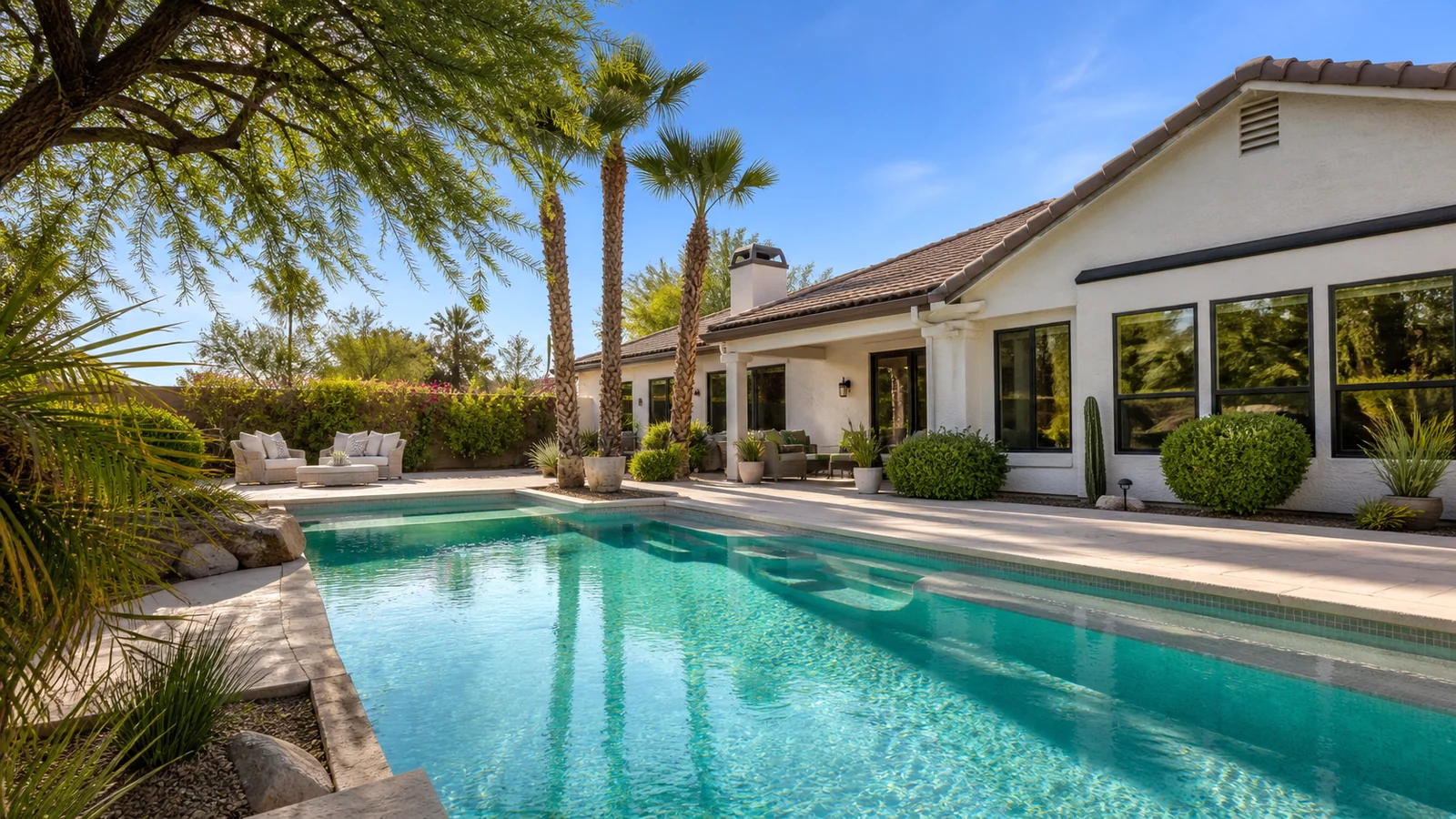 Tempe backyard swimming pool framed by palms and mature desert landscaping