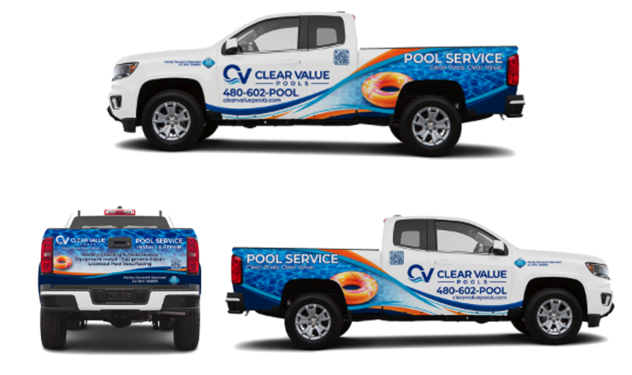 Three isolated views of the Clear Value Pools service truck with the current 480-602-POOL wrap.
