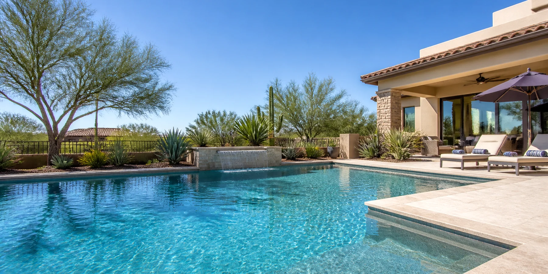 Five-part view showing pool cleaning, water care, equipment repair, and renovation work.