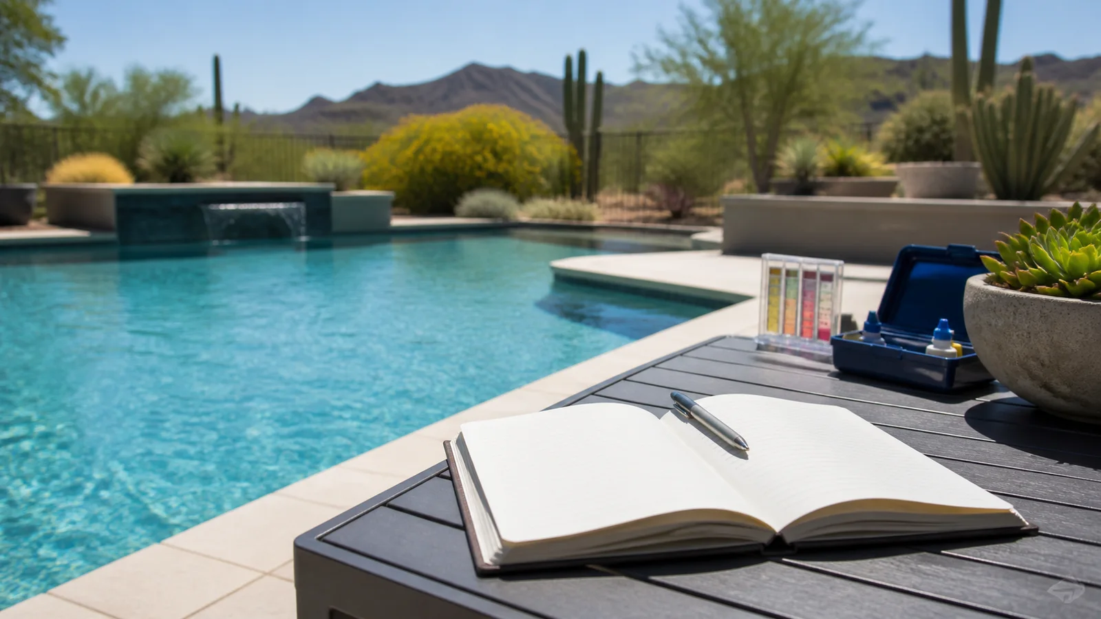 Clear Value Pools technician maintaining a swimming pool under bright Arizona sunlight