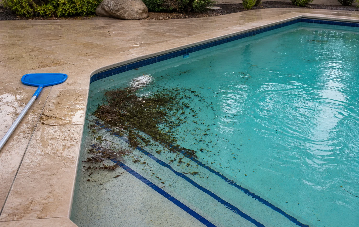 Arizona residential and commercial pool after wind conditions with leaves, desert dust, and debris visible across the water and steps.