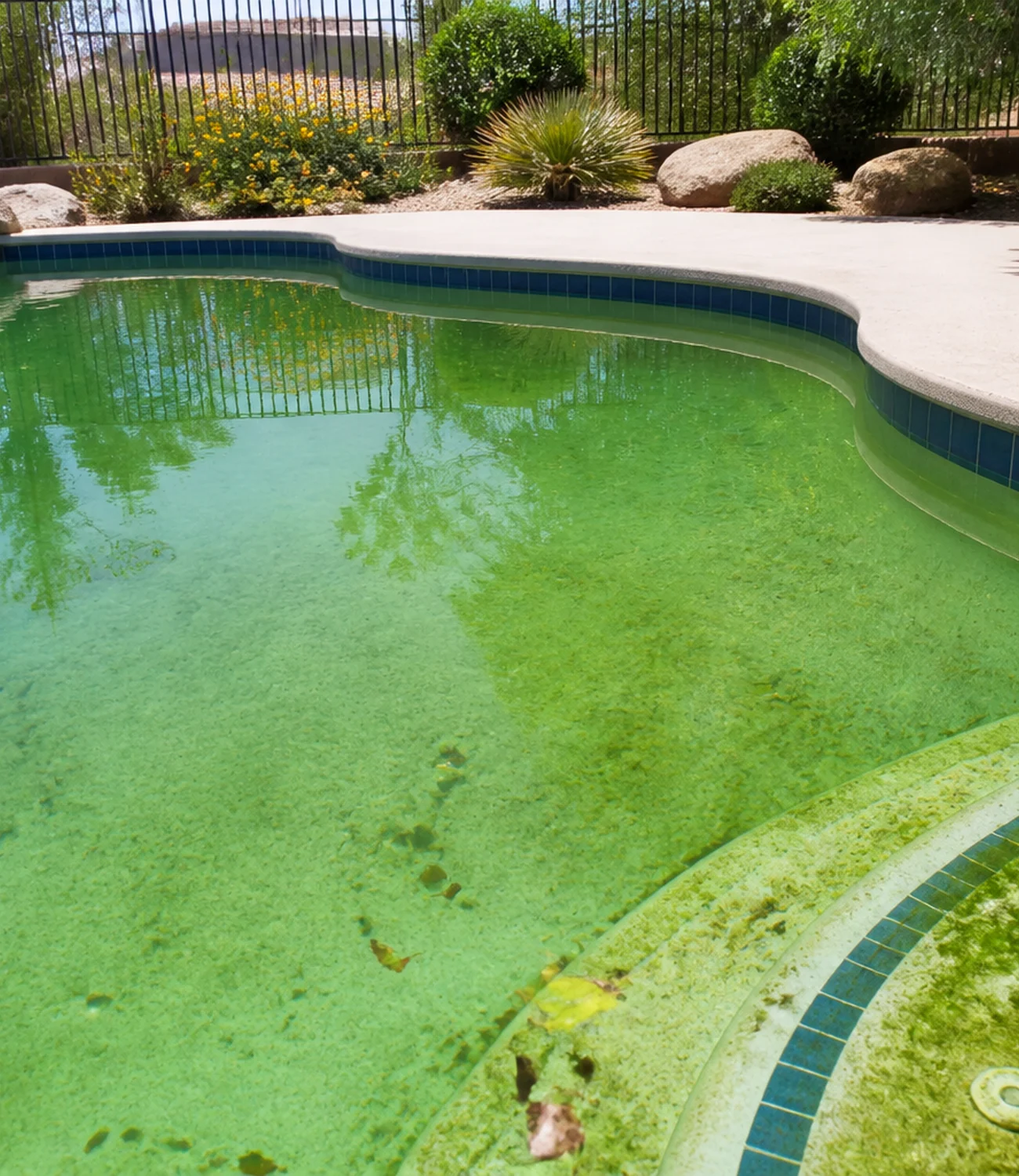 Green, visibly neglected residential and commercial pool with surface debris, algae, and buildup before corrective cleaning begins.