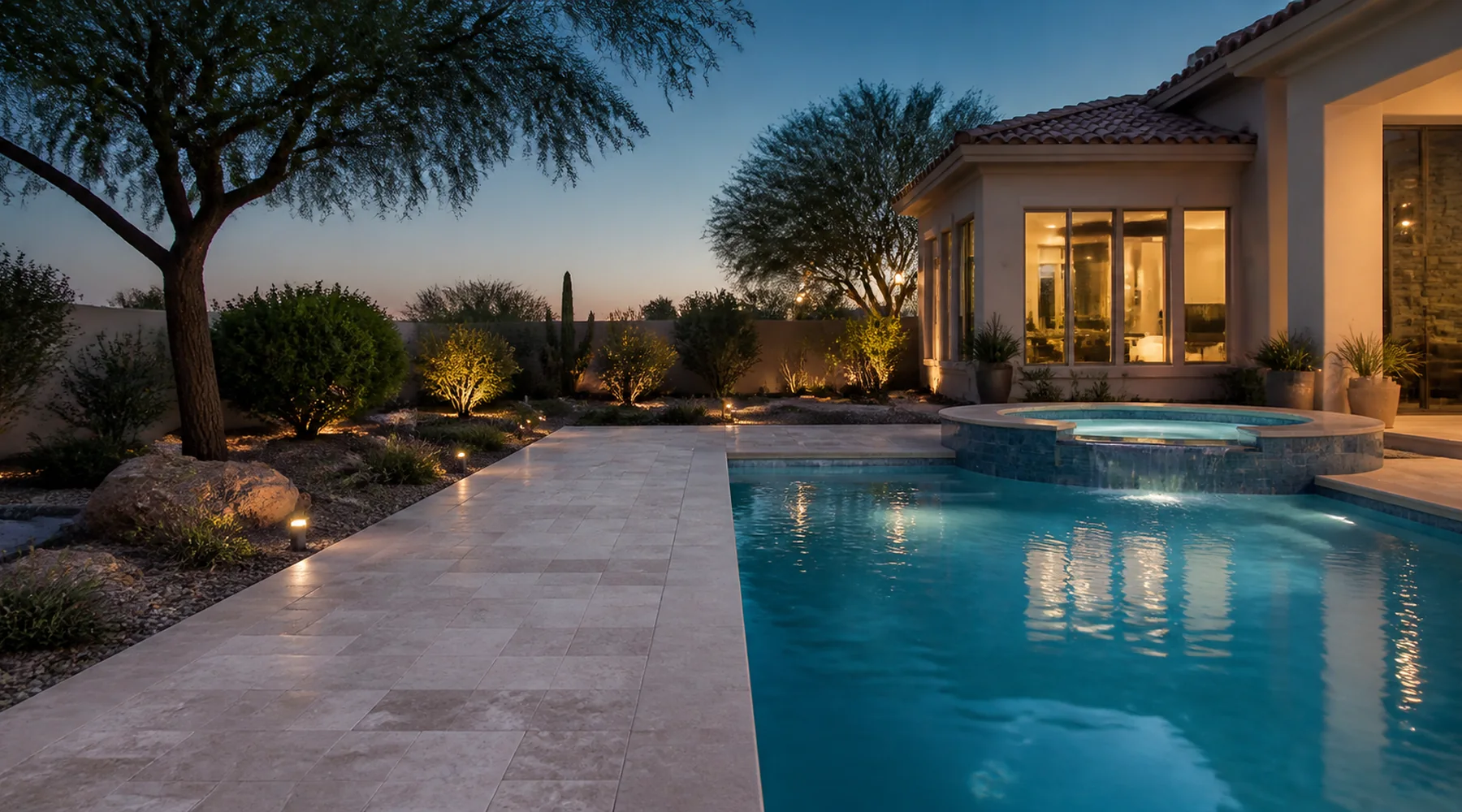 Completed Arizona residential and commercial pool improvement with clear water, broad deck surfaces, desert landscaping, and water features.