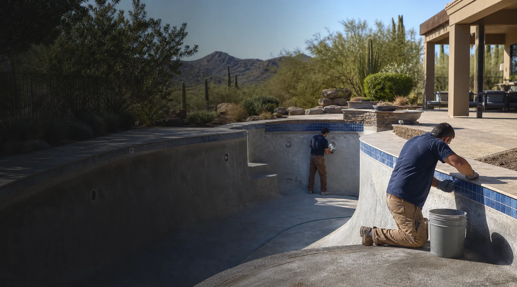 Pool renovation crew preparing the shell and waterline tile of an existing Arizona pool.