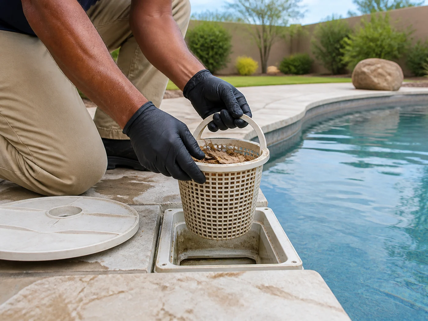Clear Value Pools technician brushing residential and commercial pool steps with weekly maintenance tools nearby.