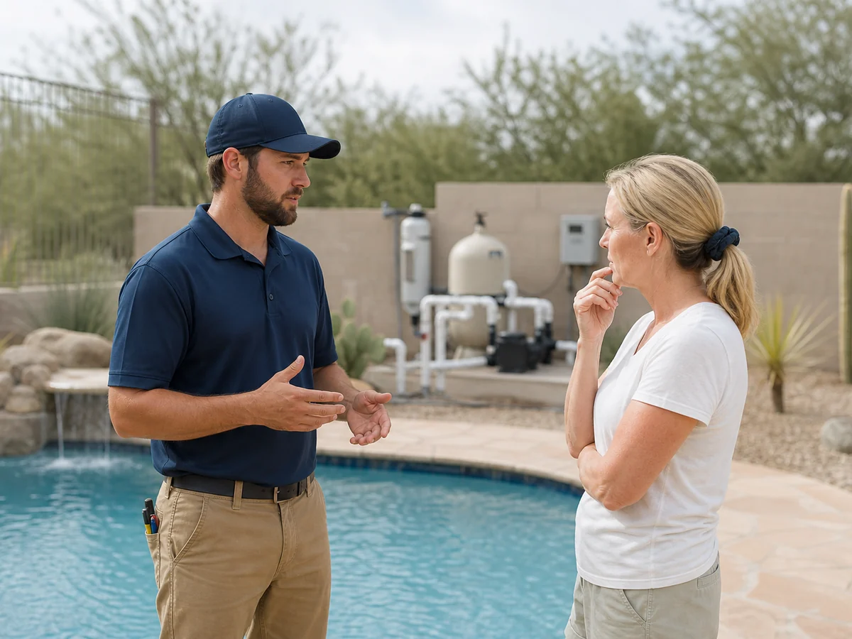Pool professional discussing equipment service with an Arizona customer beside the pool.