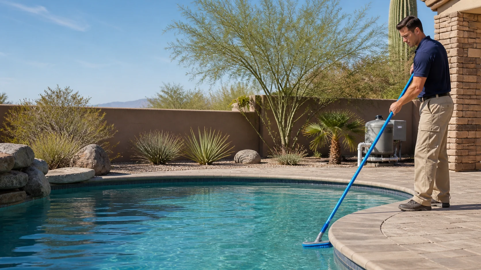 Clear Value Pools technician brushing a sunlit Arizona residential and commercial pool with water-care supplies nearby.